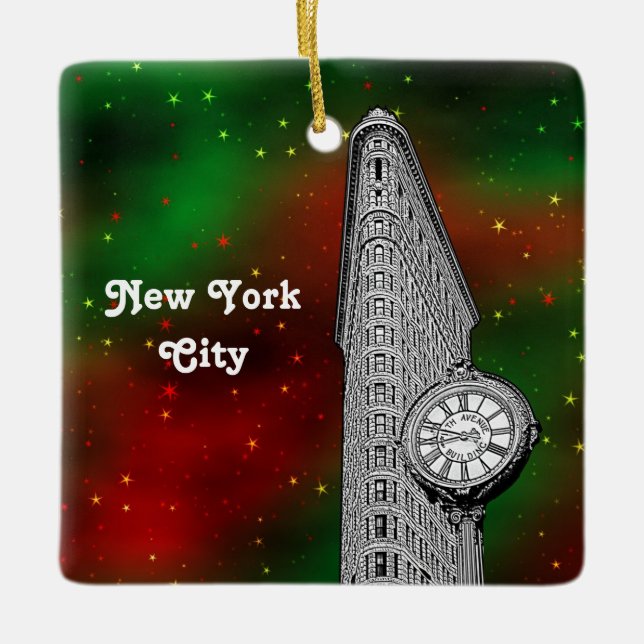 NYC Flatiron Building Red Grn Starry Xmas Ceramic Ornament (Front)