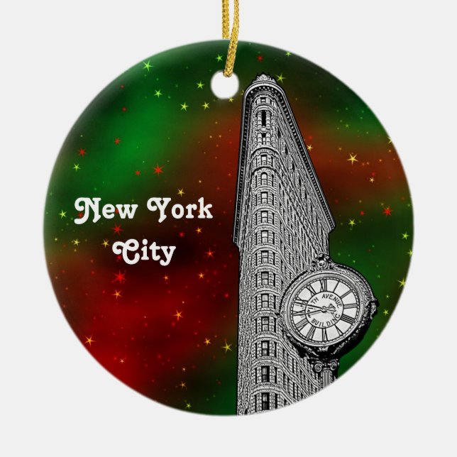 NYC Flatiron Building Red Grn Starry Xmas Ceramic Ornament (Front)