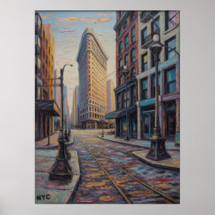 NYC Flatiron Building Street Scene With Tram Track Poster