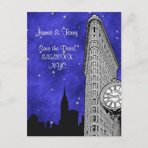 NYC Flatiron Skyline Silhouette Blu St Save Date Announcement Postcard