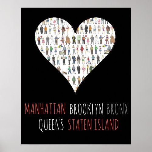 NYC Heart Brooklyn Bronx Queens Manhattan SI Art Poster