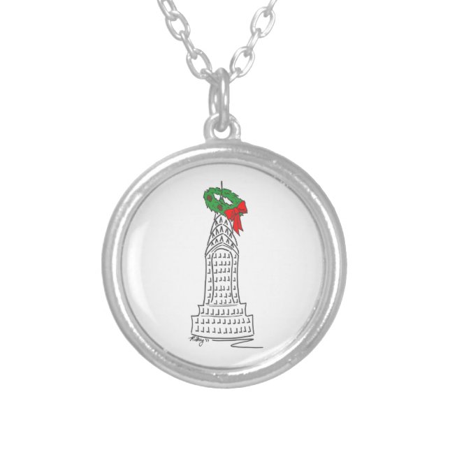 NYC Holiday Wreath Skyscraper Christmas Holiday NY Silver Plated Necklace (Front)