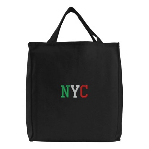 NYC Italy Flag Classic Green White Red on Black Embroidered Tote Bag