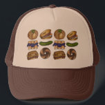 NYC Jewish Deli Bagel Knish Blintz Reuben Pickle Trucker Hat<br><div class="desc">Hat design features an original marker illustration of classic NYC Jewish deli foods including a pickle, knish, blintz, bagel, and reuben sandwich.
Don't see what you're looking for? Need help with customization? Click "contact this designer" to have something created just for you!</div>