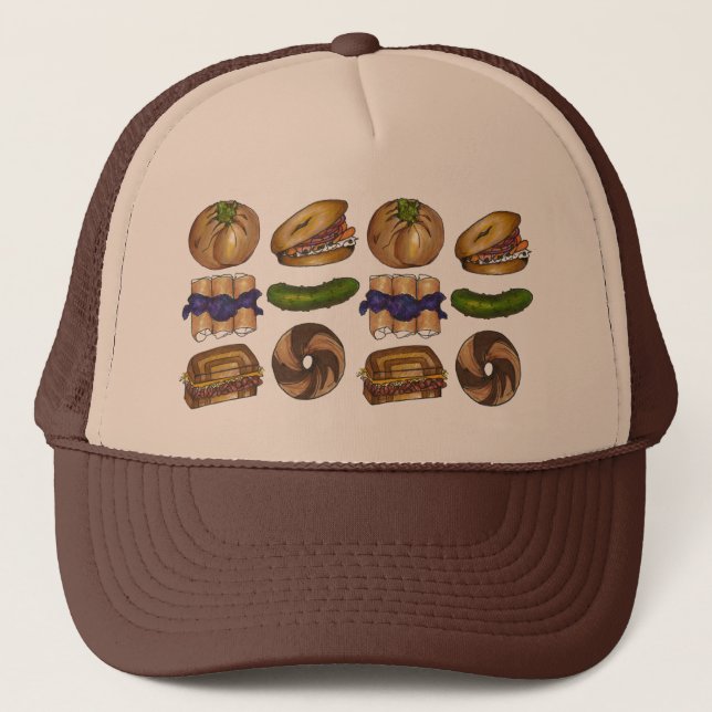 NYC Jewish Deli Bagel Knish Blintz Reuben Pickle Trucker Hat (Front)
