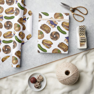 NYC Jewish Deli Food Knish Pickle Bagel Blintz Lox Wrapping Paper