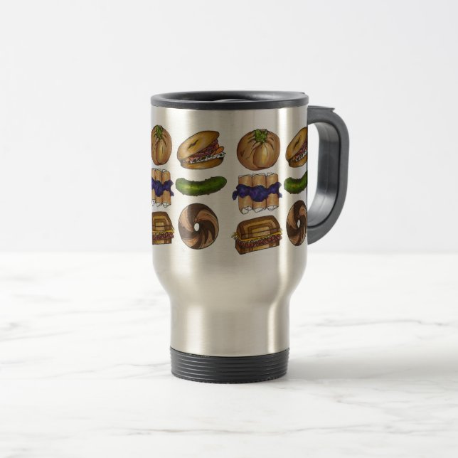 NYC Jewish Deli Foods Cuisine Reuben Pickle Bagel Travel Mug (Front Right)