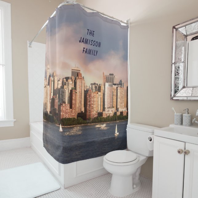 NYC Lower Manhattan Skyline with Personalized Name Shower Curtain (In Situ)