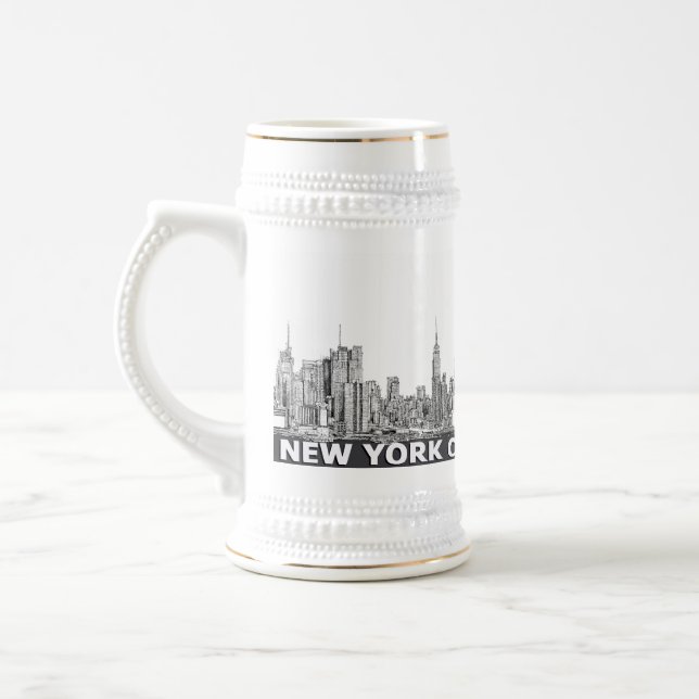 NYC monochrome skyline text Beer Stein (Left)