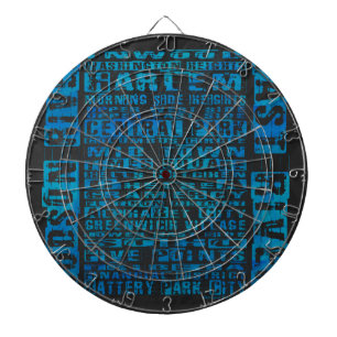 NYC Neighborhoods Blue Dartboard With Darts