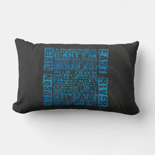 NYC Neighborhoods Blue Lumbar Pillow (Front)