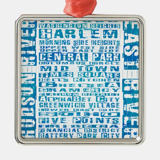 NYC Neighborhoods Blue Metal Ornament (Front)