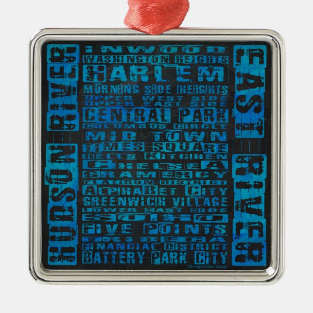 NYC Neighborhoods Blue Metal Ornament (Front)