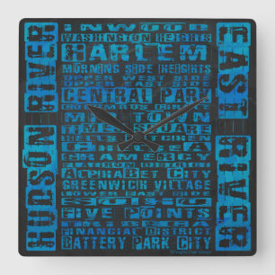 NYC Neighborhoods Blue Square Wall Clock
