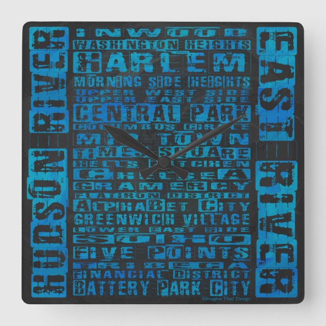 NYC Neighborhoods Blue Square Wall Clock (Front)