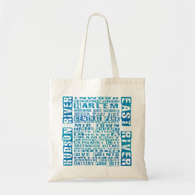 NYC Neighborhoods Blue Tote Bag (Front)