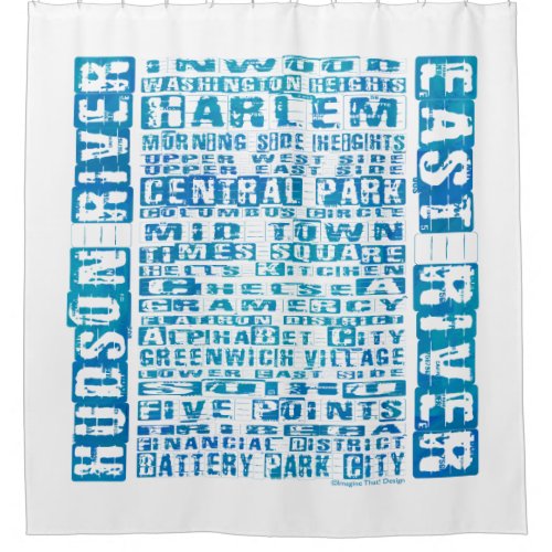 NYC Neighborhoods Design in Blue Shower Curtain