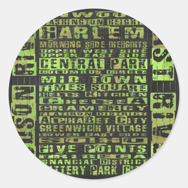 NYC Neighborhoods Green Classic Round Sticker (Front)
