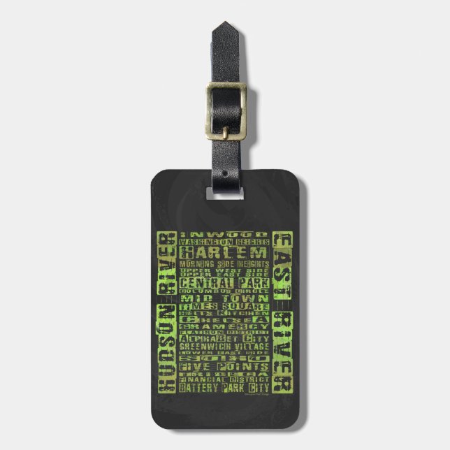 NYC Neighborhoods Green Luggage Tag (Front Vertical)