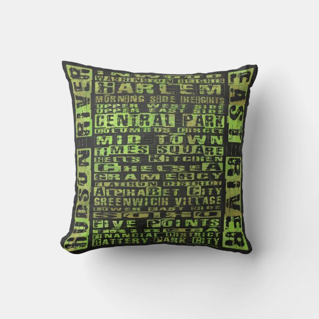NYC Neighborhoods Green Throw Pillow (Front)