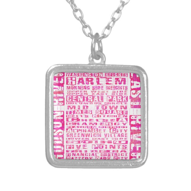 NYC Neighborhoods Hot Pink Silver Plated Necklace (Front)