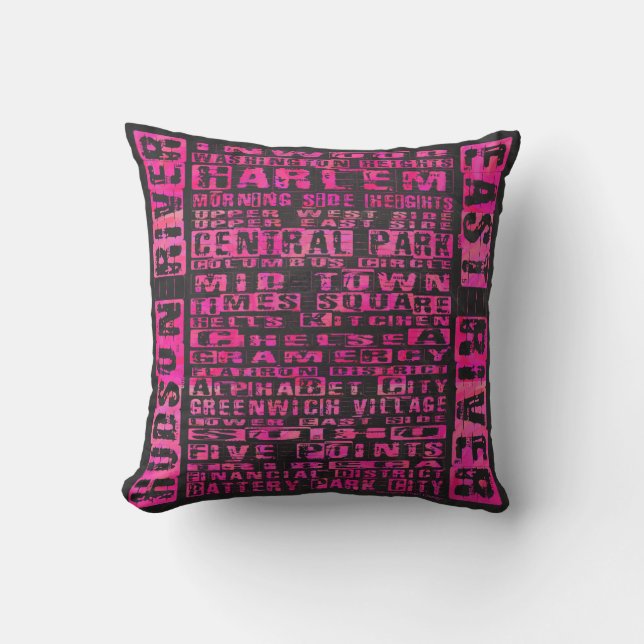 NYC Neighborhoods Hot Pink Throw Pillow (Front)