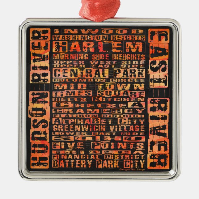 NYC Neighborhoods Orange Metal Ornament (Front)