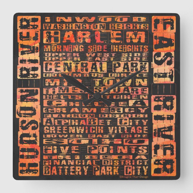 NYC Neighborhoods Orange Square Wall Clock (Front)