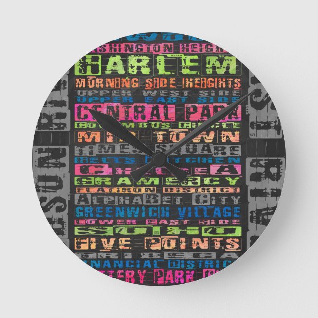 NYC Neighborhoods Rainbow Round Clock (Front)