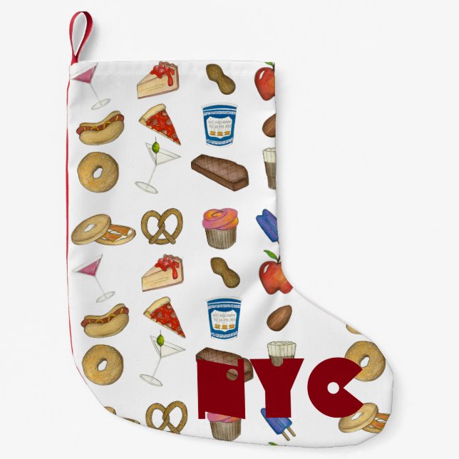 NYC New York City Foods Pretzel Pizza Bagel Steak Small Christmas Stocking (Front)