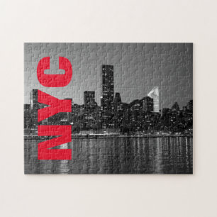 NYC New York City Manhattan Night Black White Jigsaw Puzzle
