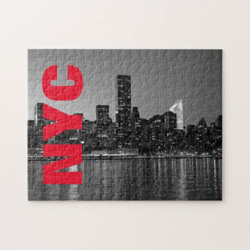 NYC New York City Manhattan Night Black White Jigsaw Puzzle