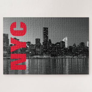NYC New York City Manhattan Night Black White Jigsaw Puzzle