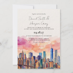 NYC New York City Watercolor Vinatge Wedding Invitation