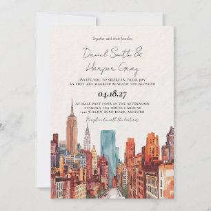 NYC New York City Watercolor Vinatge Wedding Invitation