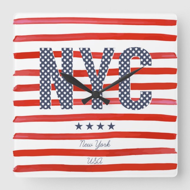 NYC | Red, White & Blue Design Square Wall Clock (Front)
