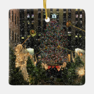 NYC Rockefeller Center Xmas Tree Falling Snow Ceramic Ornament