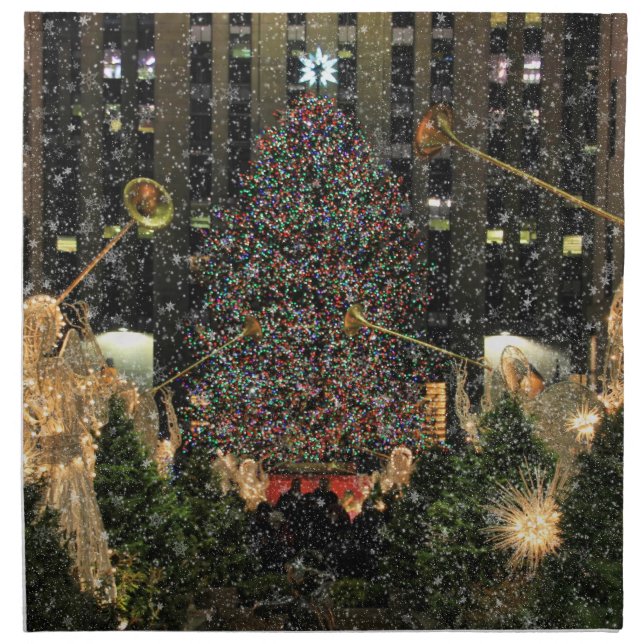 NYC Rockefeller Center Xmas Tree Falling Snow Cloth Napkin (Front)