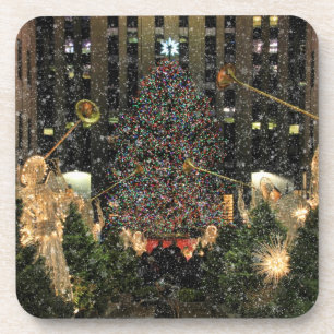 NYC Rockefeller Center Xmas Tree Falling Snow Drink Coaster