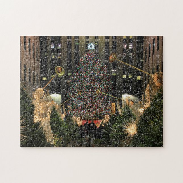 NYC Rockefeller Center Xmas Tree Falling Snow Jigsaw Puzzle (Horizontal)