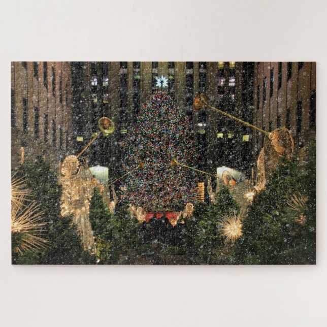 NYC Rockefeller Center Xmas Tree Falling Snow Jigsaw Puzzle (Horizontal)