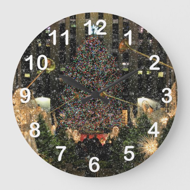NYC Rockefeller Center Xmas Tree Falling Snow Large Clock (Front)