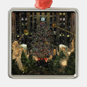 NYC Rockefeller Center Xmas Tree Falling Snow Metal Ornament