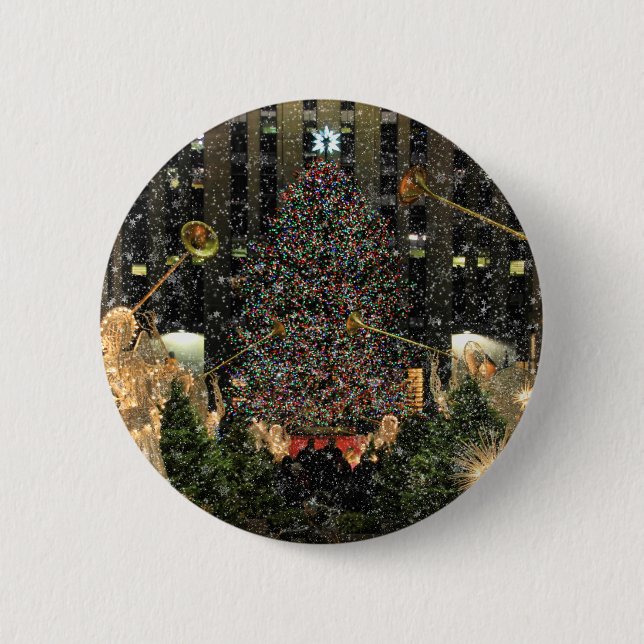 NYC Rockefeller Center Xmas Tree Falling Snow Pinback Button (Front)