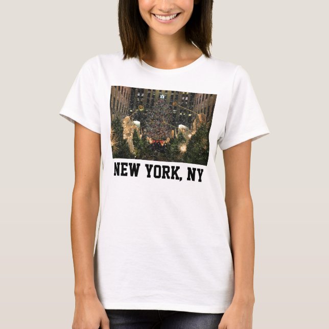 NYC Rockefeller Center Xmas Tree Falling Snow T-Shirt (Front)