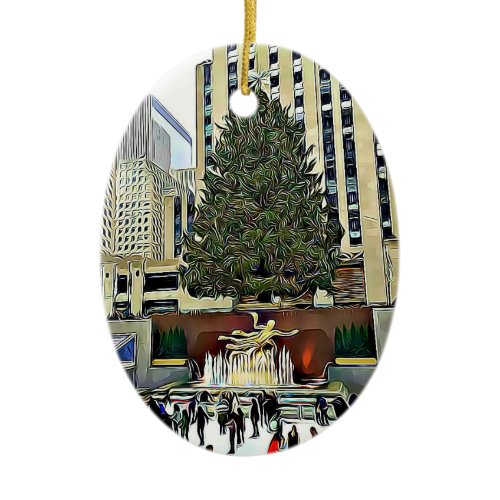 NYC Rockefeller Tree Skating Rink Christmas Ceramic Ornament