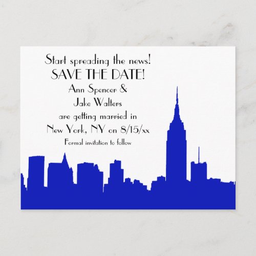 NYC Royal Blue Skyline Silhouette Save the Date Announcement Postcard