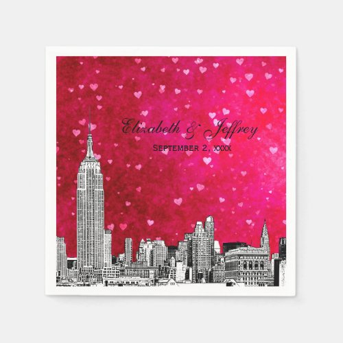 NYC Skyline 01 Etchd Hot Pink Red Hrt Paper Napkins