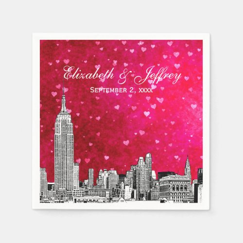 NYC Skyline 01 Etchd Hot Pink Red Hrt Paper Napkins