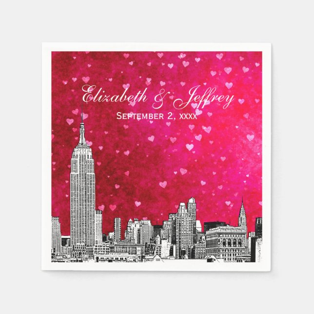 NYC Skyline 01 Etchd Hot Pink Red Hrt Paper Napkins (Front)